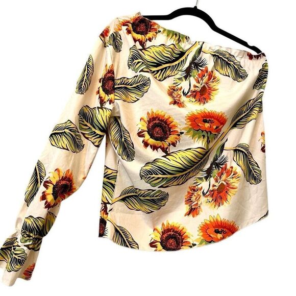 Shein Floral Ruffle One Shoulder Long Sleeve Blouse Ivory Green Large - Picture 2 of 5